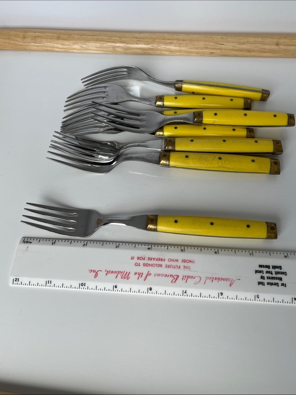 Vintage Bonniers France Yellow Handle Fork Set Brass Accent French Flatware - Picture 7 of 9